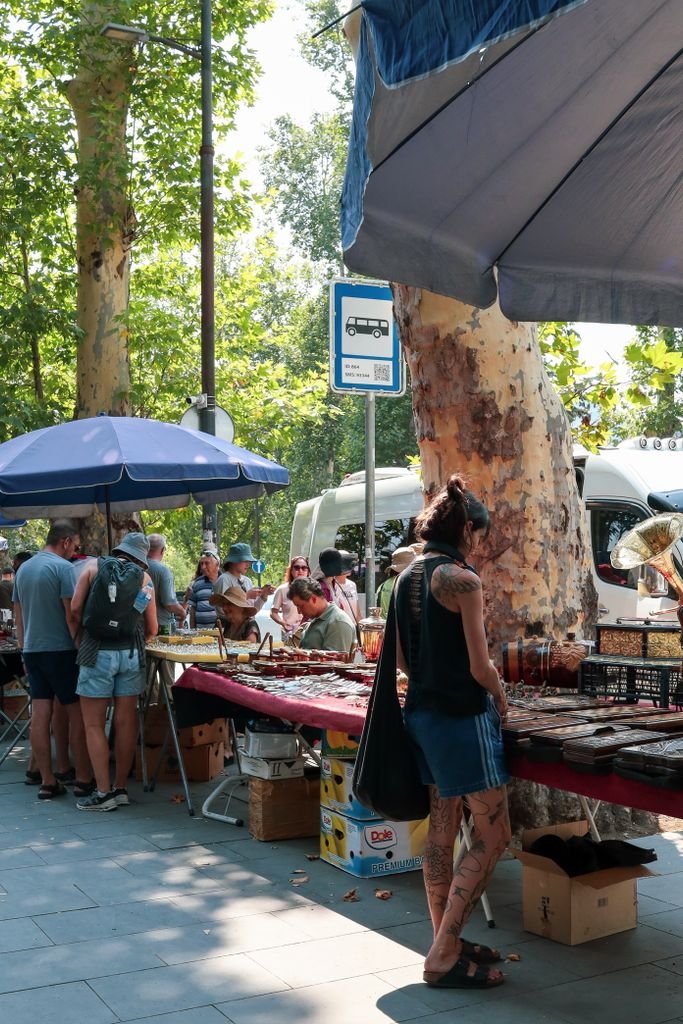 Engaging street market scene during the day with people browsing various stalls under blue umbrellas.